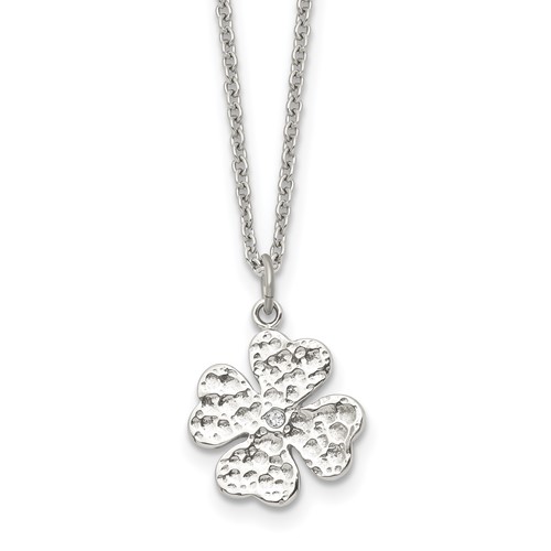 Stainless Steel Polished and Textured Necklace with Crystal Four Leaf Clover