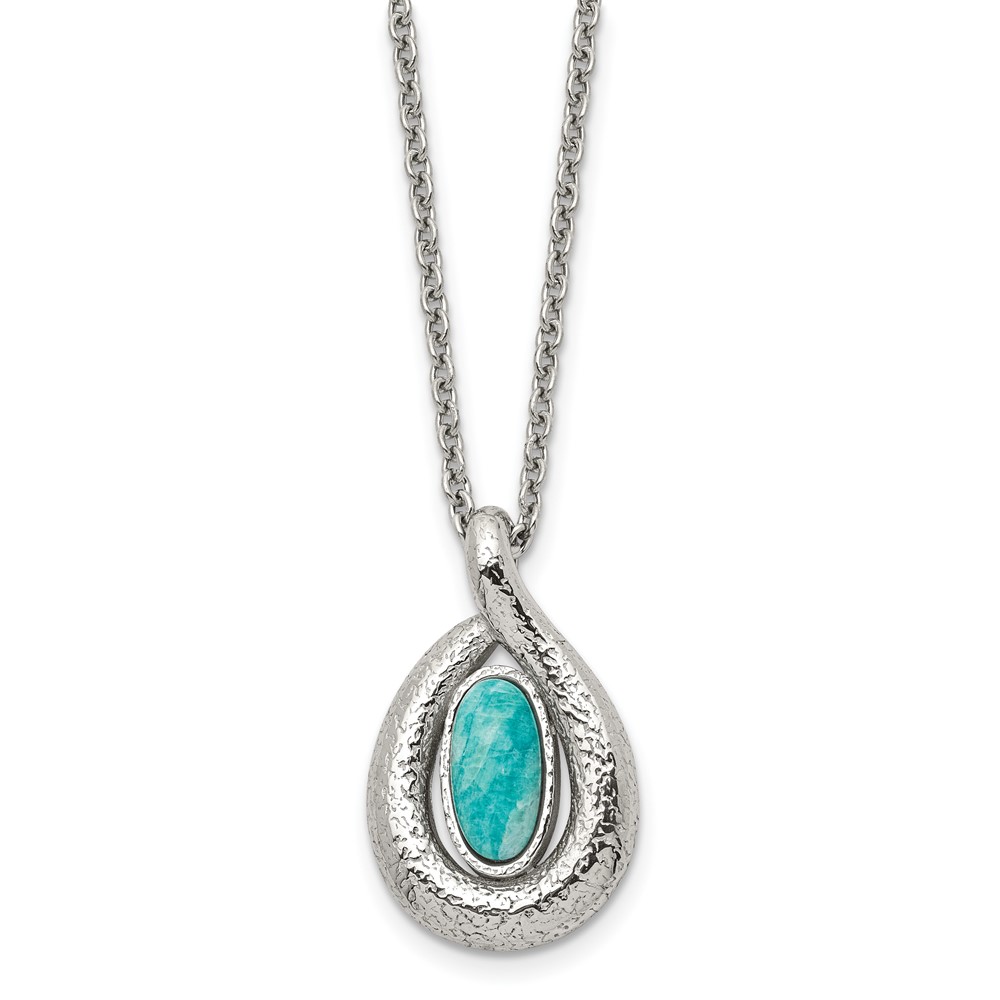 Stainless Steel Polished Textured Synthetic Dyed Jade Necklace with Ext., 2"