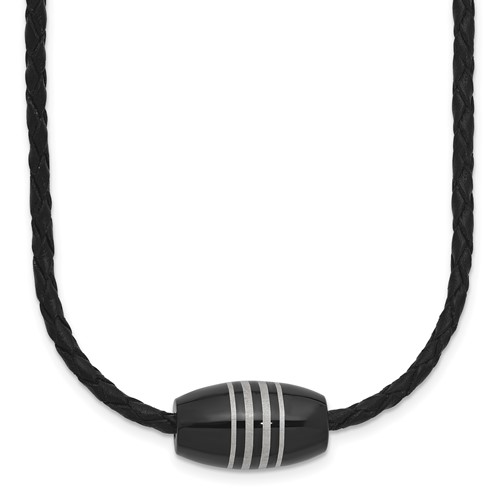 Chisel Stainless Steel Polished Black IP-plated Leather Cord Necklace, 20"
