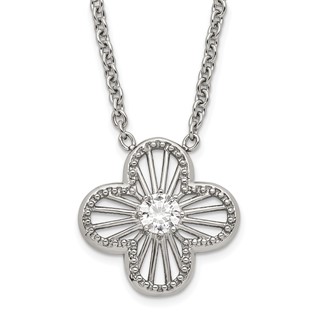 Stainless Steel Polished CZ Flower Necklace