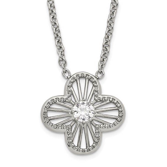Stainless Steel Polished CZ Flower Necklace