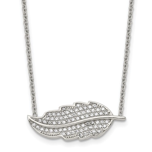 Stainless Steel Polished Necklace with CZ Leaf, 18"