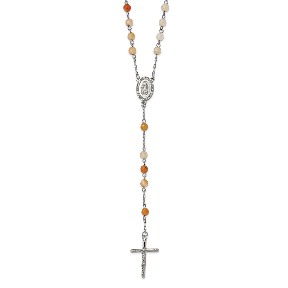 Stainless Steel Polished w/Agate Beads 31in Rosary Necklace