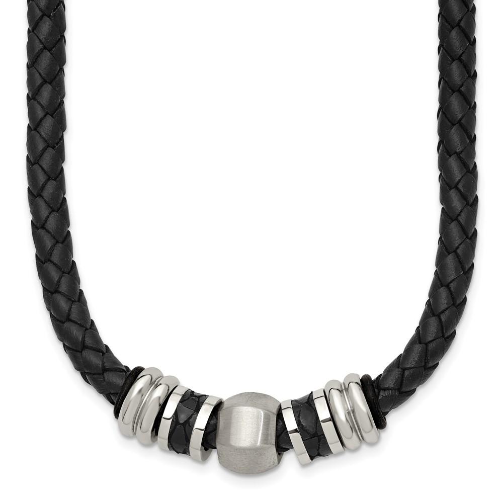 Stainless Steel Brushed/Polished Black Leather & Rubber Necklace