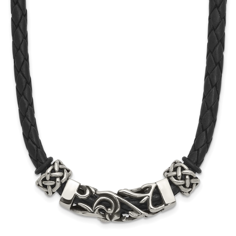 Stainless Steel Black Leather w/Antiqued Beads 19.75in Necklace