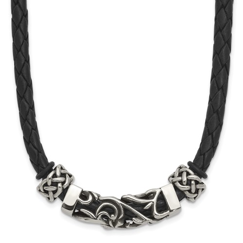 Chisel Stainless Steel Black Leather Necklace with Antiqued Beads, 19.75"