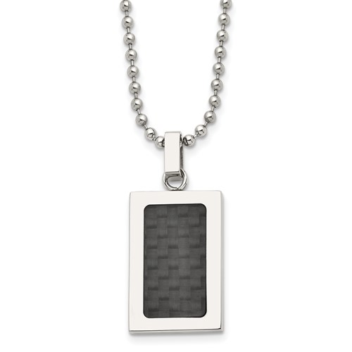Stainless Steel Polished with Black Carbon Fiber Inlay Rectangle Necklac, 22"