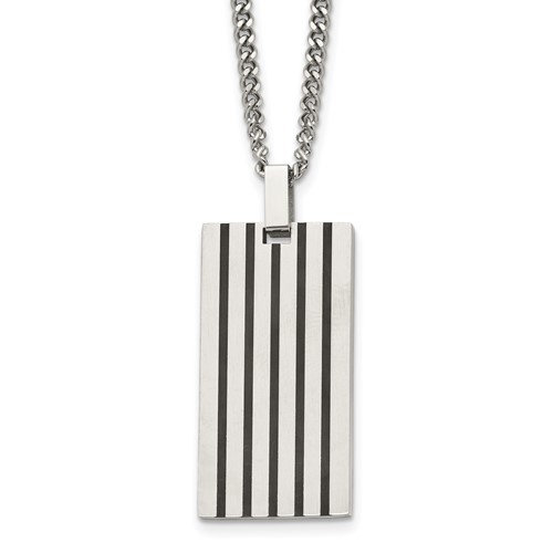 Chisel Stainless Steel Brushed Necklace with Black Rubber Inlay Rectangle Dog Tag on a Curb Chain, 22"