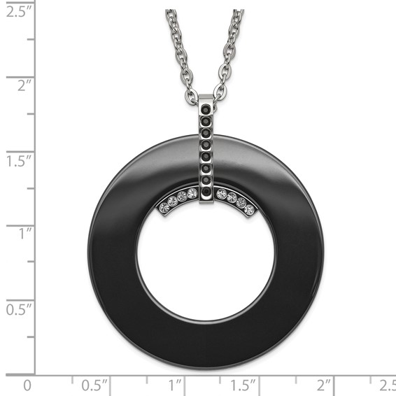 Stainless Steel Polished Black Ceramic Black & Clear CZ Circle Necklace