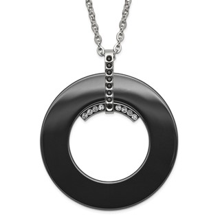 Stainless Steel Polished Black Ceramic Black & Clear CZ Circle Necklace