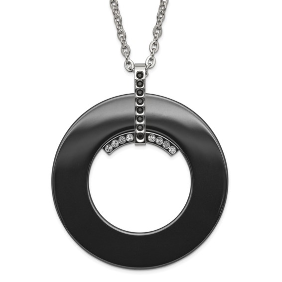 Stainless Steel Polished Black Ceramic Black & Clear CZ Circle Necklace