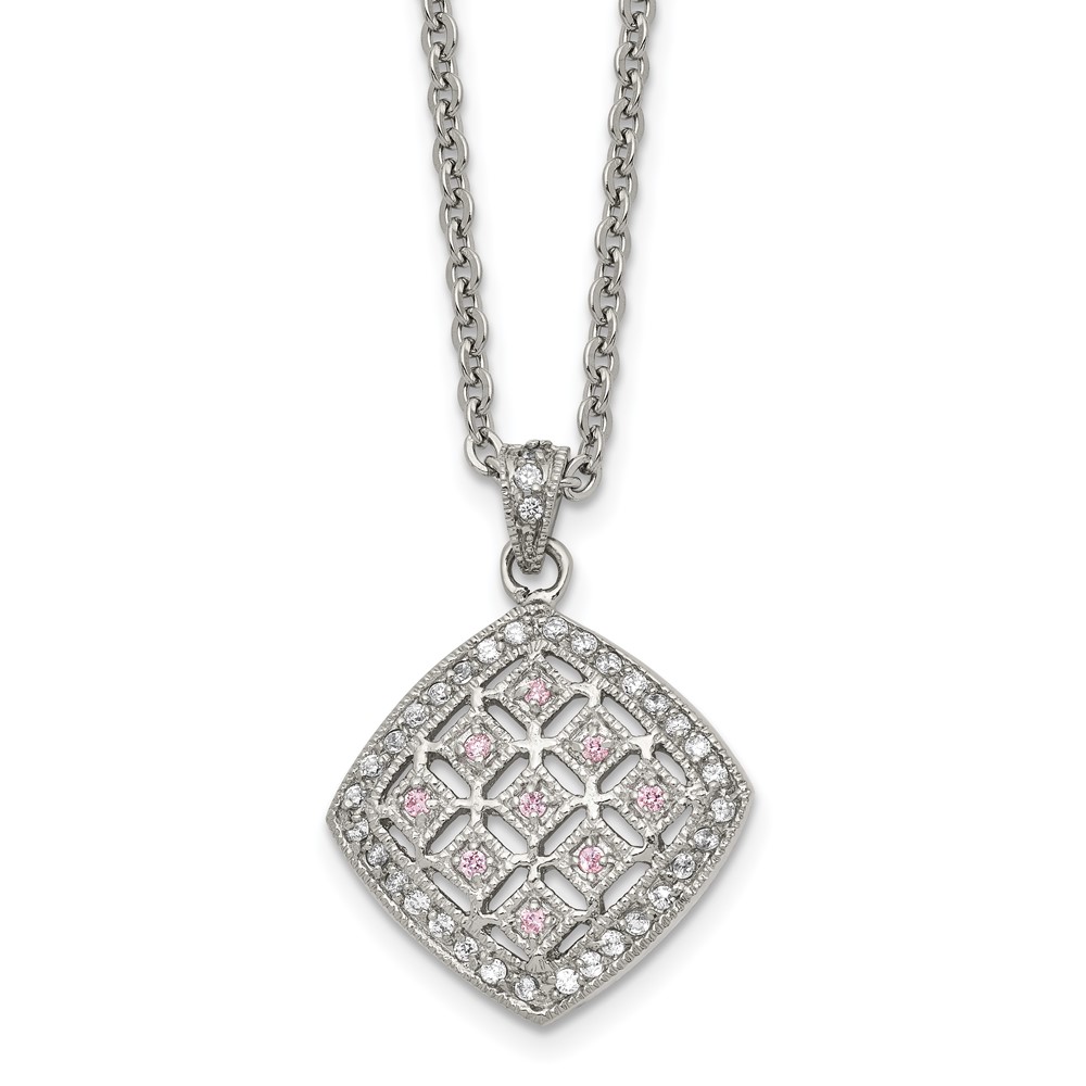 Stainless Steel Polished Clear and Pink CZ Square 18in Necklace