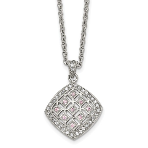 Chisel Stainless Steel Polished Clear and Pink CZ Square Pendant on a Cable Chain Necklace, 18"