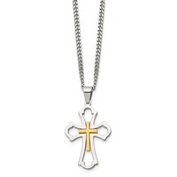 Chisel Stainless Steel Brushed and Polished Yellow IP-plated Cross Pendant on a Curb Chain Necklace, 22" view 3
