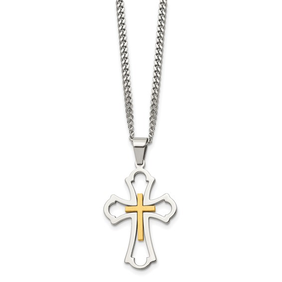 Chisel Stainless Steel Brushed and Polished Yellow IP-plated Cross Pendant on a 22 inch Curb Chain Necklace