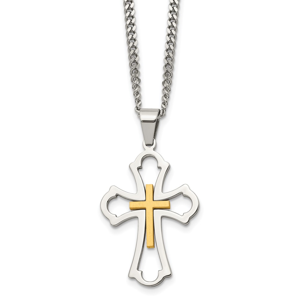 Stainless Steel Brushed & Polished Yellow IP-plated Cross Necklace