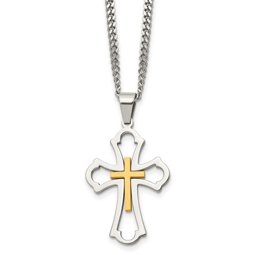 Chisel Stainless Steel Brushed and Polished Yellow IP-plated Cross Pendant on a Curb Chain Necklace, 22"