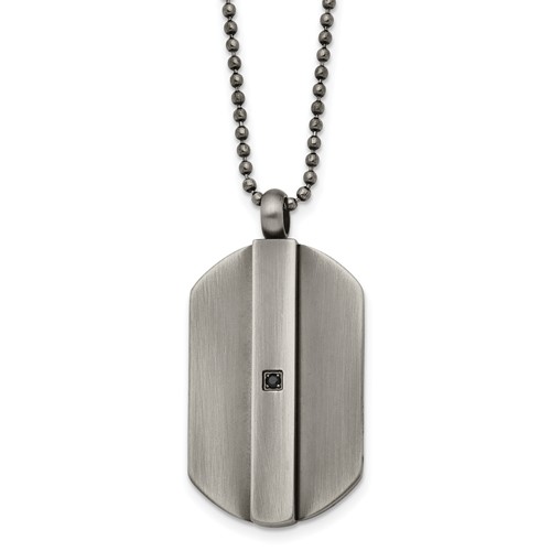 Stainless Steel Antiqued and Brushed Necklace with Black CZ Dog Tag, 20"