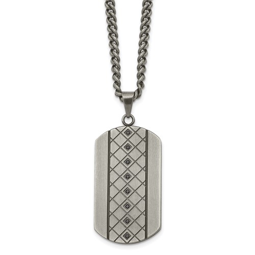 Chisel Stainless Steel Brushed and Textured Necklace with Black CZ Dog Tag on a Curb Chain, 22"