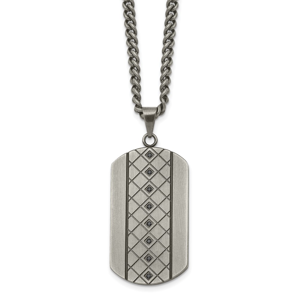 Stainless Steel Brushed and Textured w/Black CZ Dog Tag 22in Necklace
