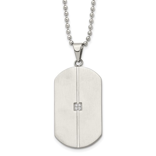 Chisel Stainless Steel Brushed and Polished Necklace with CZ Dog Tag on a Ball Chain, 20"