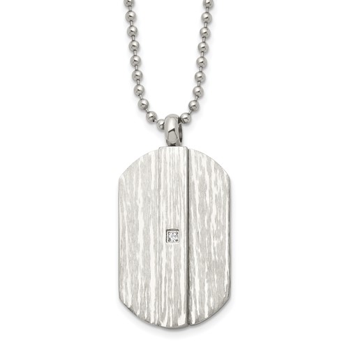 Stainless Steel Brushed & Polished Necklace with CZ Dog Tag, 20"