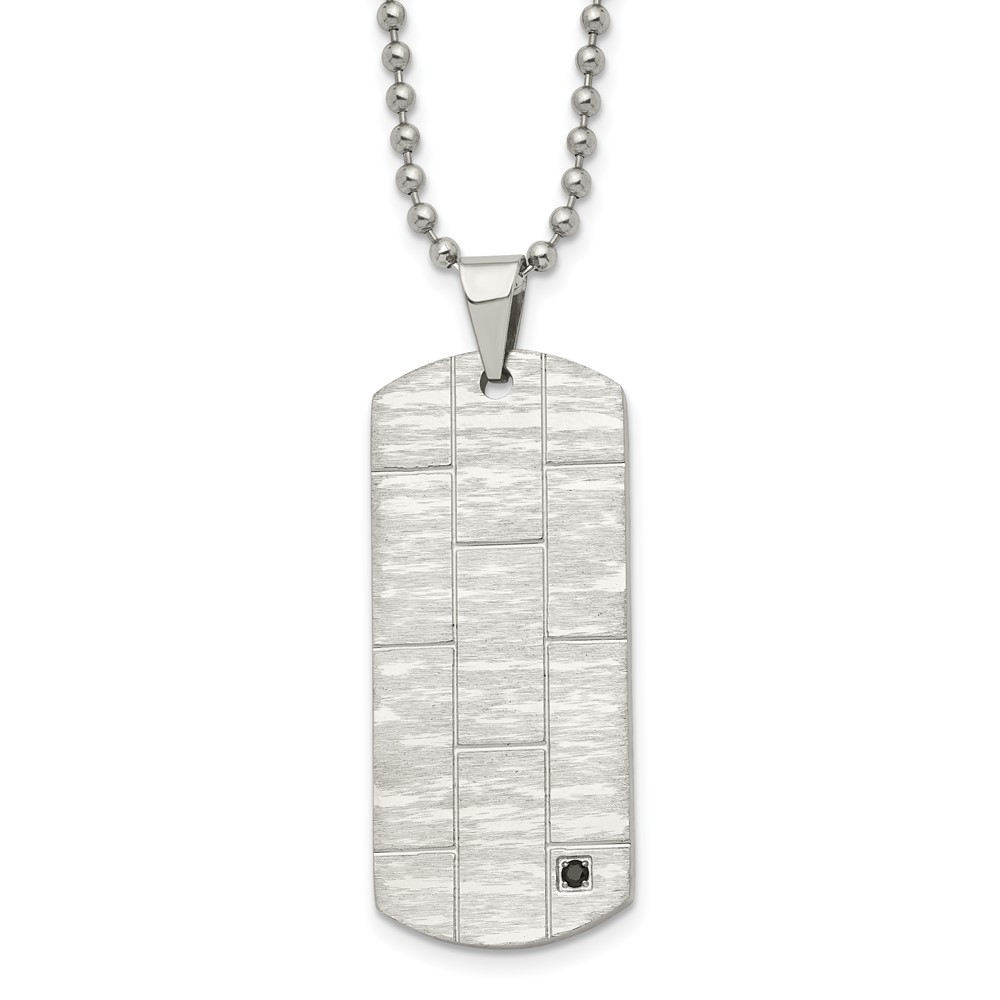 Stainless Steel Polished and Satin w/Black CZ Dog Tag 20in Necklace