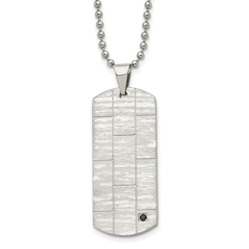 Chisel Stainless Steel Polished and Satin Necklace with Black CZ Dog Tag on a Ball Chain, 20"