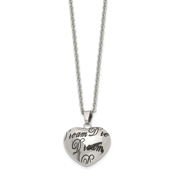 Stainless Steel Polished Enameled DREAM Hollow Heart 18in Necklace