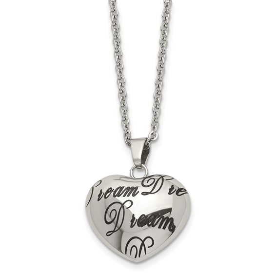 Stainless Steel Polished Enameled DREAM Hollow Heart 18in Necklace