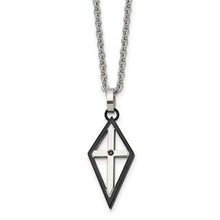 Stainless Steel Polished Black IP-plated w/CZ Cross 20in Necklace