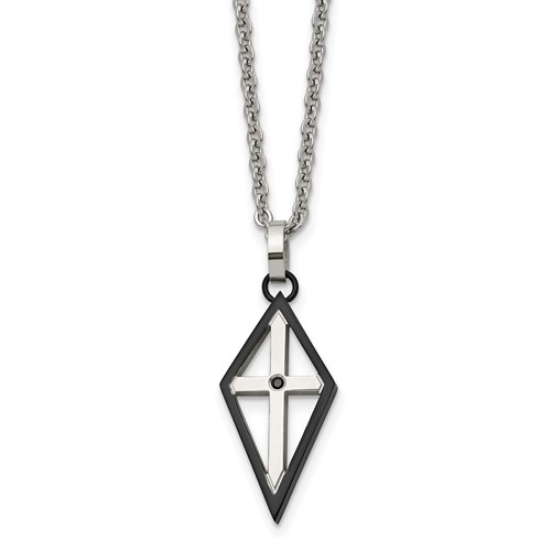 Stainless Steel Polished Black IP-plated Necklace with CZ Cross, 20"