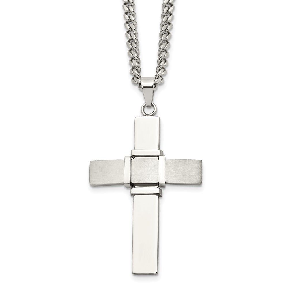 Stainless Steel Brushed and Polished Cross 22in Necklace