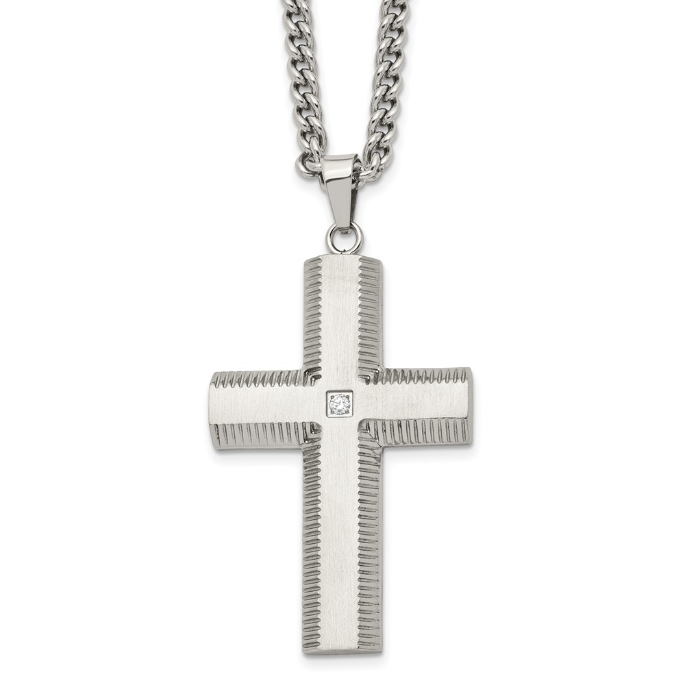 Stainless Steel Brushed and Polished w/CZ Cross 22in Necklace