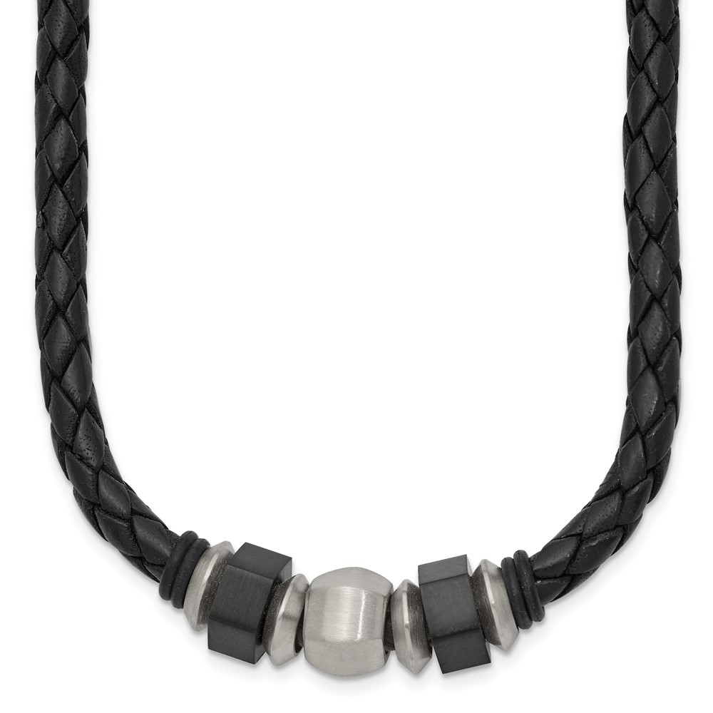 Stainless Steel Brushed Black IP-plated Leather & Rubber Necklace