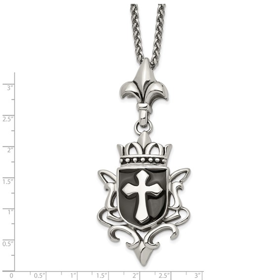Chisel Stainless Steel Antiqued and Enameled Cross Pendant on a 22 inch Spiga Chain Necklace