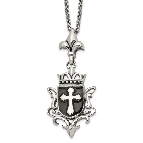Chisel Stainless Steel Antiqued and Enameled Cross Pendant on a Spiga Chain Necklace, 22"