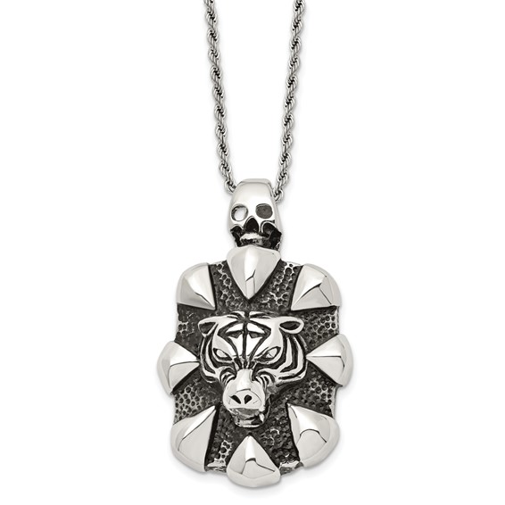Chisel Stainless Steel Antiqued and Polished Tiger and Skull Pendant on a 20 inch Rope Chain Necklace