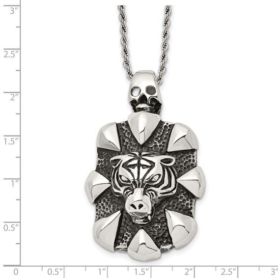 Chisel Stainless Steel Antiqued and Polished Tiger and Skull Pendant on a 20 inch Rope Chain Necklace