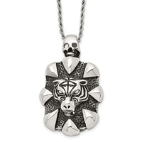 Chisel Stainless Steel Antiqued and Polished Tiger and Skull Pendant on a Rope Chain Necklace, 20" view 1