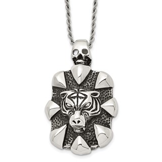 Chisel Stainless Steel Antiqued and Polished Tiger and Skull Pendant on a 20 inch Rope Chain Necklace