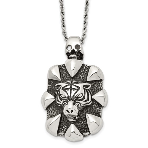 Chisel Stainless Steel Antiqued and Polished Tiger and Skull Pendant on a Rope Chain Necklace, 20"