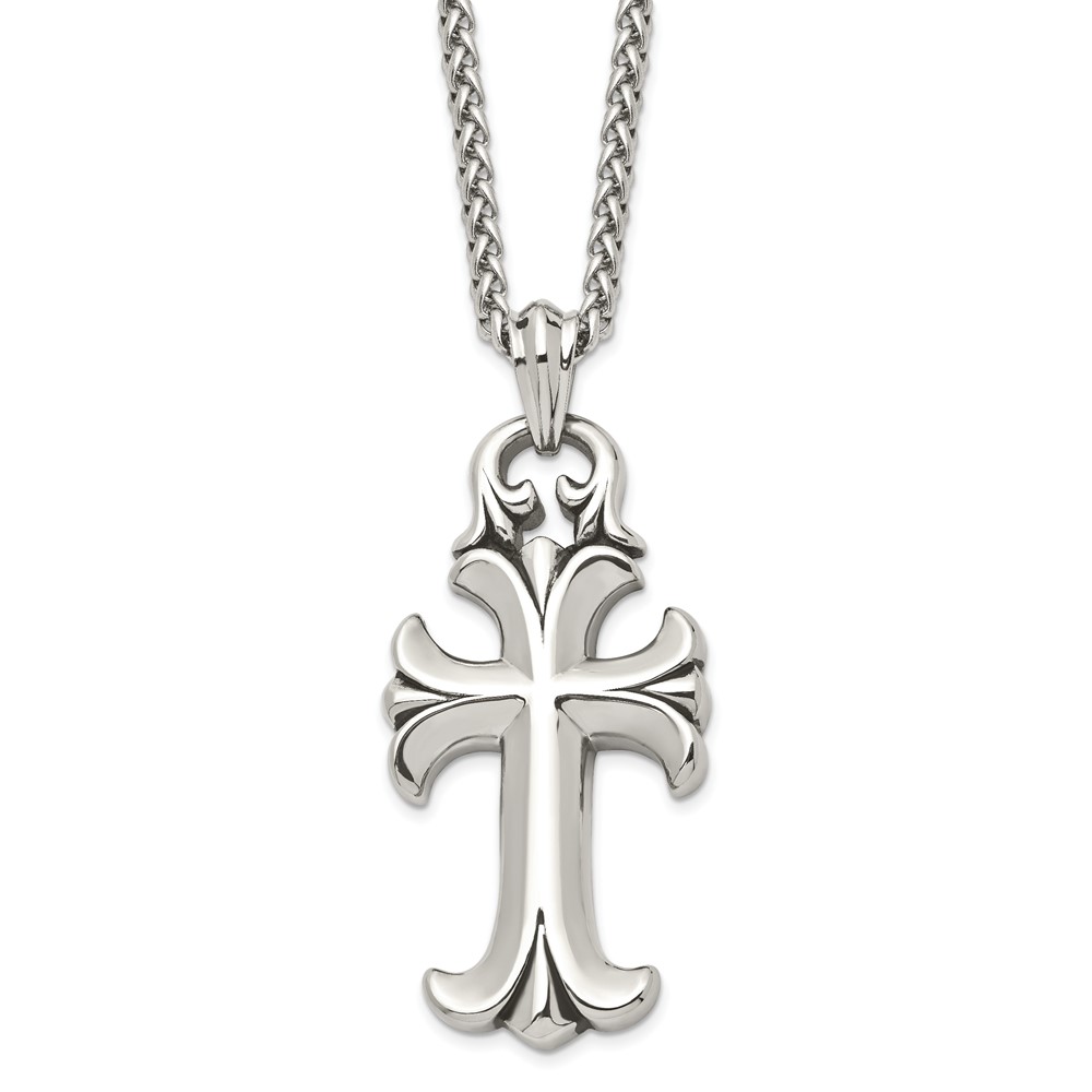 Stainless Steel Antiqued and Polished Cross 24in Necklace