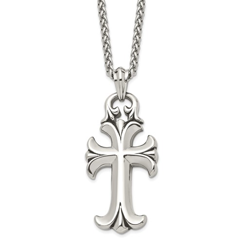 Chisel Stainless Steel Antiqued and Polished Cross Pendant on a Spiga Chain Necklace, 24"