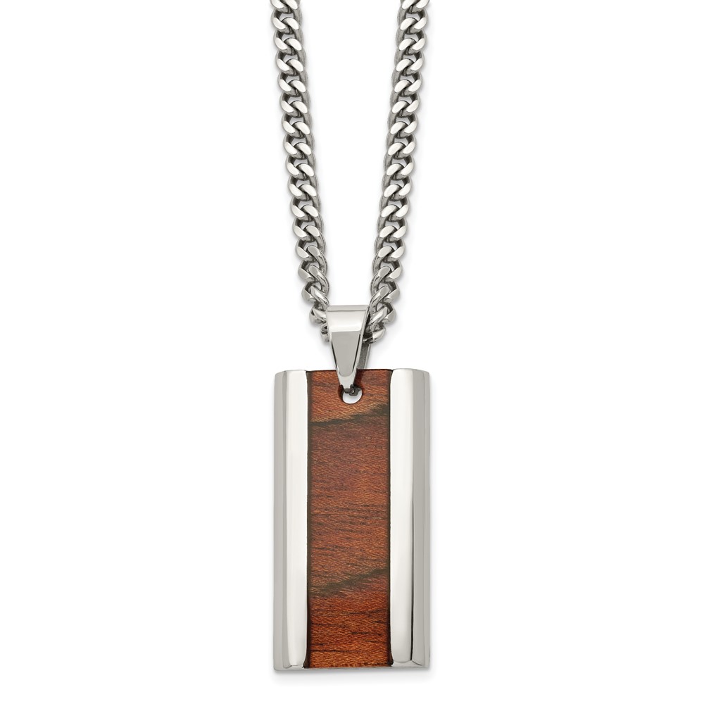 Stainless Steel Polished Koa Wood Inlay Enameled 20in Necklace