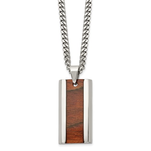 Chisel Stainless Steel Polished Koa Wood Inlay Enameled Pendant on a Curb Chain Necklace, 20"