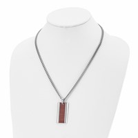 Chisel Stainless Steel Polished Red Orange Koa Wood Inlay Enameled Pendant on a Curb Chain Necklace, 20" view 4