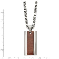 Chisel Stainless Steel Polished Red Orange Koa Wood Inlay Enameled Pendant on a Curb Chain Necklace, 20" view 3