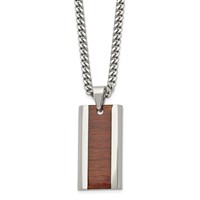Chisel Stainless Steel Polished Red Orange Koa Wood Inlay Enameled Pendant on a Curb Chain Necklace, 20" view 1
