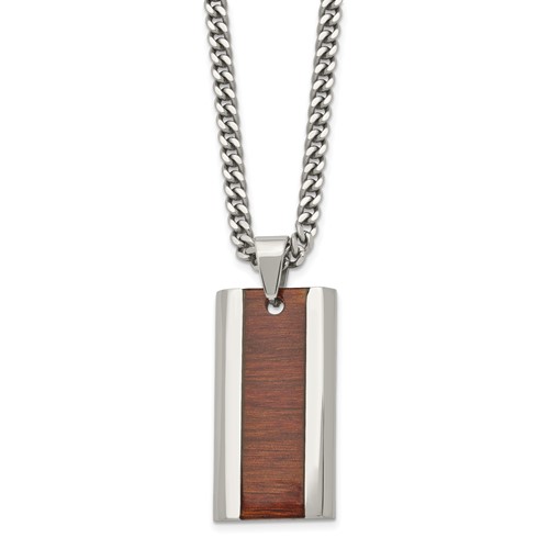 Chisel Stainless Steel Polished Red Orange Koa Wood Inlay Enameled Pendant on a Curb Chain Necklace, 20"